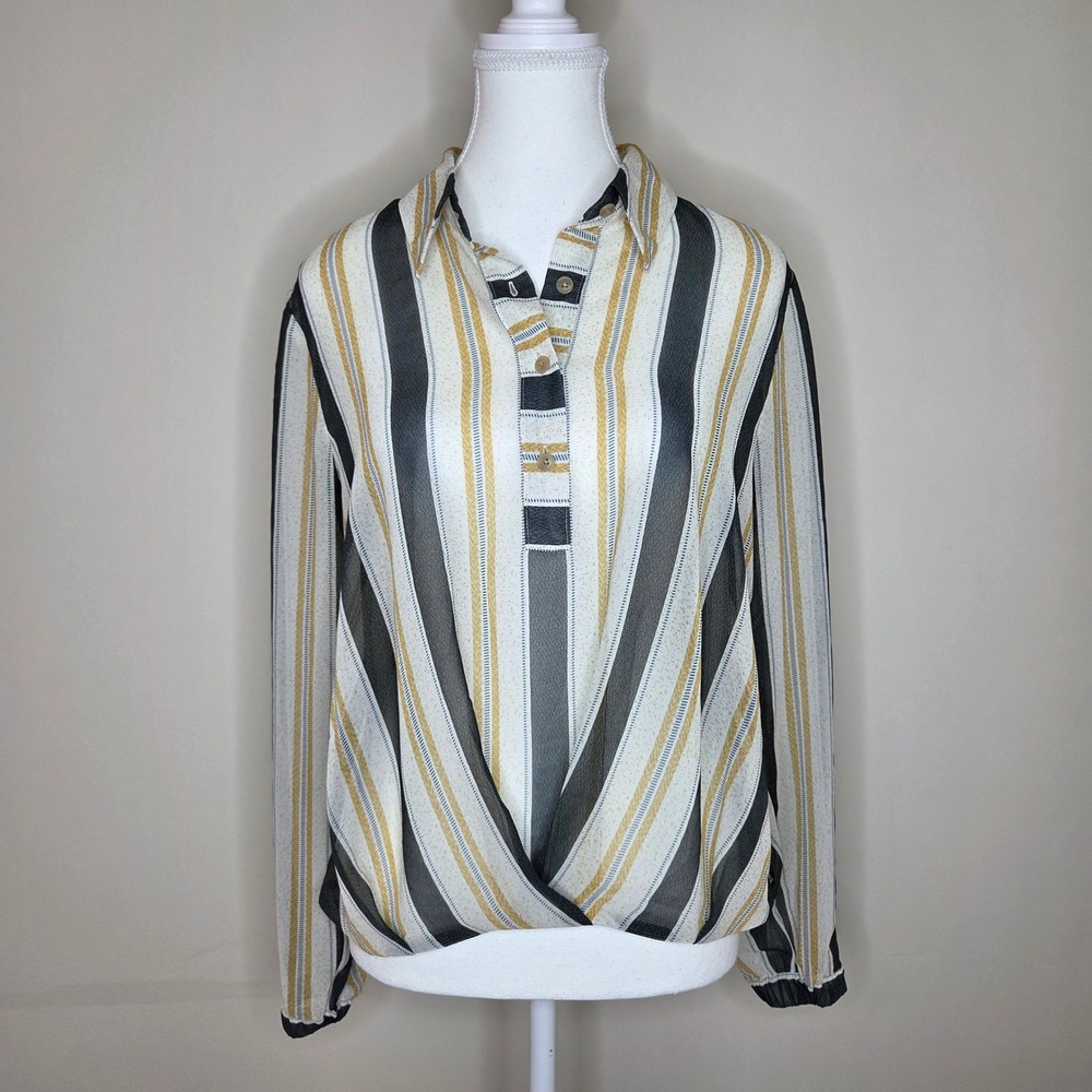 Cabi Sheer Collared Blouse High Low Hem Minimalist Coastal Chic Size S‎